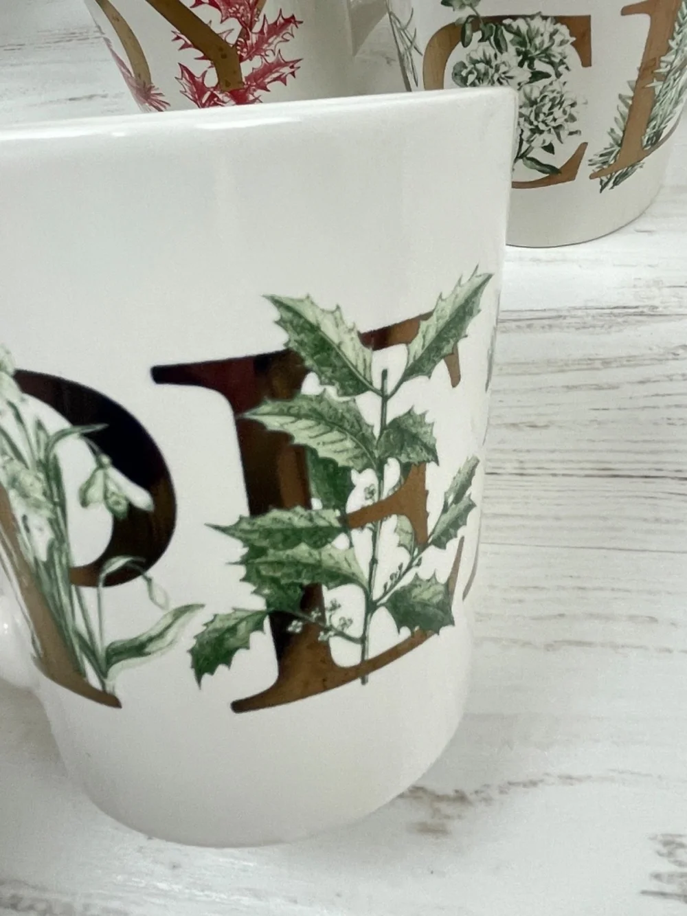 Williams Sonoma Ceramic Floral Christmas Coffee Mugs PEACE and JOY - Set of 4